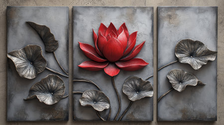 This stunning and vibrant red lotus triptych set against a textured gray backdrop is absolutely perfect for enhancing and uplifting any springthemed decor in your home or office spaceの素材