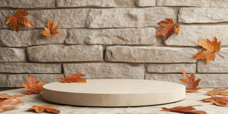 An elegant podium stands against a textured beige stone wall, surrounded by vibrant autumn leaves, creating a stunning backdrop for showcasing products in a captivating fallthemed displayの素材