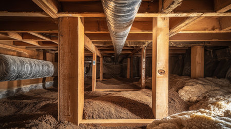 This image shows a detailed view of a homes understructure, highlighting components like wooden beams, insulation layers, and essential plumbing systems for everyday functionalityの素材