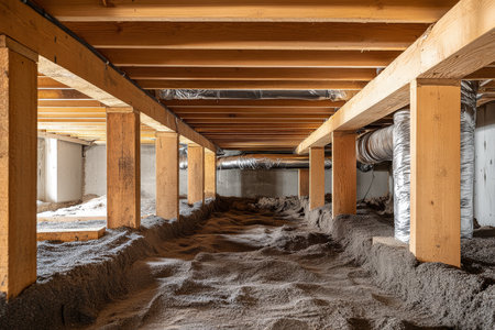 The interior crawl space view displays wooden beams, foam insulation, and plumbing systems, highlighting essential construction elements and utilities for building maintenance and functionalityの素材