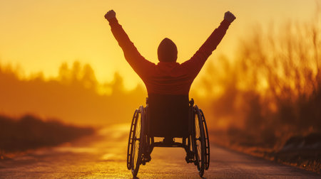A wheelchair athlete joyfully raises their arms high in victory during an inspiring sunrise race, symbolizing their incredible motivation, hard work, and monumental achievement against all oddsの素材