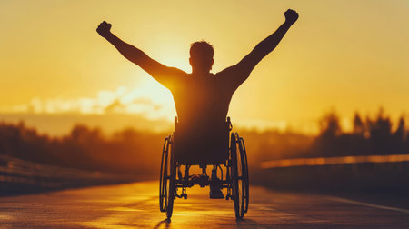 A wheelchair athlete joyfully raises their arms in celebration during a stunning sunrise race, showcasing their strength and determination while inspiring hope in those around themの素材