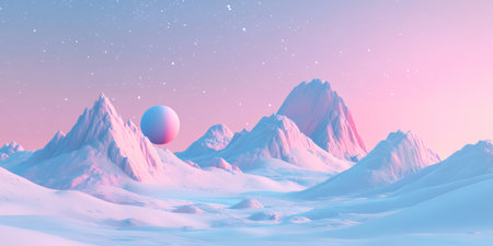 This is a captivating threedimensional illustration that beautifully showcases a tranquil and serene cosmic landscape featuring majestic mountains, a distant planet, and a softly pastelcolored skyの素材