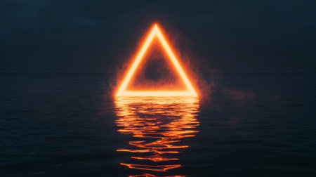 An abstract triangular corridor stands illuminated in a vast dark digital space, featuring a radiant glowing orange hue and is intricately textured with captivating futuristic patterns and designsの素材