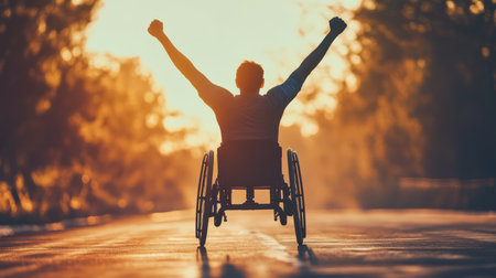 A joyful wheelchair athlete celebrates at sunrise, embodying perseverance and strength. This scene inspires others to embrace challenges with passion, showcasing determination and the human spiritの素材