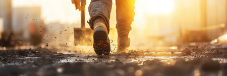 A dedicated worker strides purposefully on a construction site at sunset, symbolizing hard work and perseveranceの素材