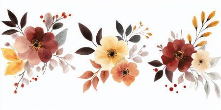 This artistic autumn floral wreath features vibrant fall flowers, colorful leaves, and delicate wildflowers, making it ideal for enhancing invitations, greeting cards, and home decorの素材