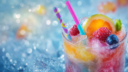 A vibrant and refreshing cocktail, filled with ice, fresh fruits, and colorful straws, perfect for summer vibesの素材