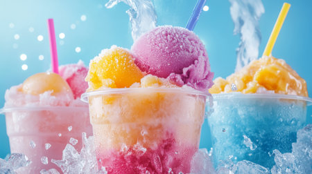 Delight in these vibrant and multicolored ice cream cups filled with an array of fruity flavors, making them the perfect choice for a refreshing summer treat you wont want to miss out onの素材