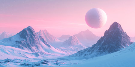 A breathtaking and stunning 3D illustration of a serene extraterrestrial landscape, showcasing majestic mountains that are beautifully illuminated by a soft, ethereal celestial glow all aroundの素材