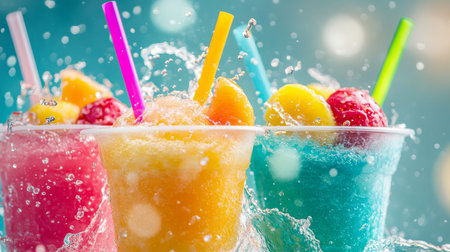 Indulge in refreshing slushies adorned with bright colors and vibrant splashes, perfect for summer vibes and funの素材