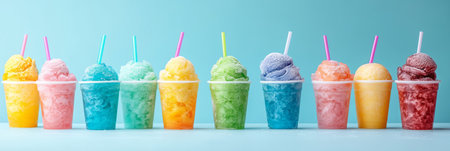A vibrant and enticing display of assorted ice cream cups that showcase a wide variety of flavors and colors, making them perfect for enjoying a refreshing and delightful summer treatの素材