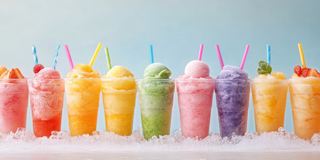 Indulge in vibrant ice desserts that come in an exciting variety of fruity flavors, beautifully served in clear cups. They are the perfect choice for a refreshing treat on a warm, sunny dayの素材