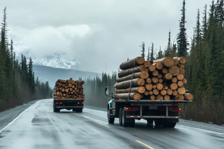 Two large logging trucks carefully make their way down a challenging muddy road, transporting freshly cut timber logs while being surrounded by the beautiful and lush scenery of a vibrant forestの素材