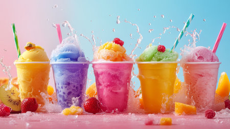 This vibrant and colorful display showcases a variety of fruity ice creams along with an assortment of refreshing drinks, together creating a perfect and delightful summer treat for warm, sunny daysの素材