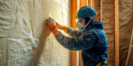 A skilled builder ensures safety while applying foam insulation to a new homes exterior, highlighting the importance of construction safety gear that protects workers during the building processの素材
