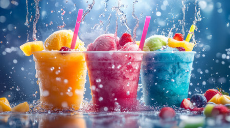 A vibrant and eyecatching display of fruity ice cocktails served in colorful and cheerful cups, creating the perfect treat for summer enjoyment and refreshing moments with friends or familyの素材