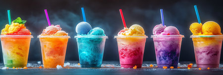 A vibrant and visually appealing display of colorful ice cream and smoothie cups offers the perfect opportunity for indulging in summer treats that provide refreshing enjoyment during warm daysの素材