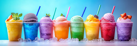 Enjoy vibrant ice cream cocktails in colorful cups, featuring varied flavors and delightful toppings. They are the perfect refreshing treat for summers hot days, ideal for a sweet escapeの素材