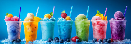 An exquisite and vibrant array of fruity ice cream cocktails served in colorful cups, the perfect choice for a refreshing treat and indulgence on warm days. An ideal delight for summer enjoymentの素材