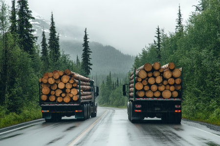In a lively forest, two large logging trucks navigate a muddy road lined with fresh logs. The expansive, cloudy skies enhance the natural scenery, creating a picturesque forestry landscapeの素材