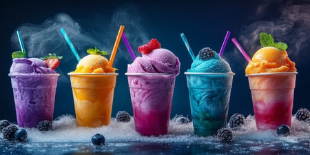 A colorful assortment of delicious fruitflavored ice cream cups features vibrant colors, making them perfect for a refreshing and delightful treat on a hot summer day, ideal for all ice cream loversの素材