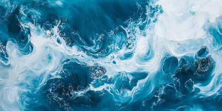 An abstract representation of the vast sea, skillfully created using blue and white oil paint strokes that form dynamic textures and patterns, effectively evoking the lively movement of waterの素材