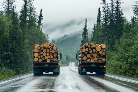 Two large logging trucks, fully loaded with freshly cut timber, navigate the rough, muddy terrain of a forest road, surrounded by abundant lush trees and shrouded misty mountains in the distanceの素材