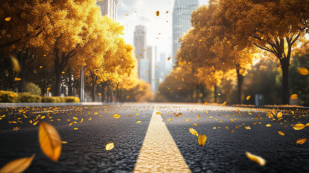 A serene and peaceful autumn scene depicts an empty road blanketed in a vibrant carpet of golden leaves, beautifully framed by tall trees and towering skyscrapers, all under a bright, clear skyの素材