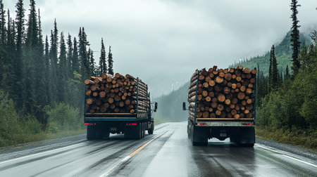 Logging trucks transport freshly cut timber logs along a muddy road that stretches through a dense forest landscape, all beneath an overcast grey sky that adds to the rural scenery surrounding themの素材