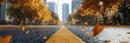 A tranquil and scenic road, beautifully lined with majestic trees and vibrant, colorful autumn leaves, with a stunning cityscape in the background, creating a captivating blend of peace and urbanityの素材
