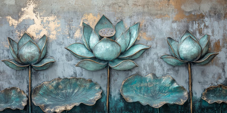 A breathtaking wall design showcasing exquisite volumetric stucco along with three beautifully crafted bronze lotus flowers, which symbolize profound beauty and a sense of serenity and calmnessの素材