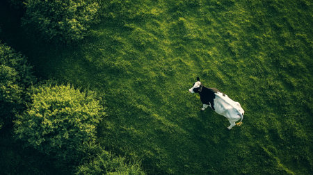 A stunning high angle view showcases a white and brown cow casting a large shadow over a vibrant green field, which is surrounded by lush, thriving vegetation, creating a truly perfect pastoral sceneの素材