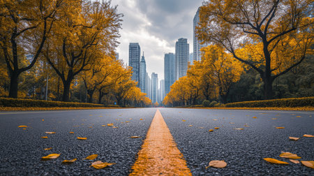 A quiet road framed by towering trees with vibrant autumn leaves leads to a stunning cityscape, showcasing the splendor of fall within a peaceful urban setting, enticing explorationの素材