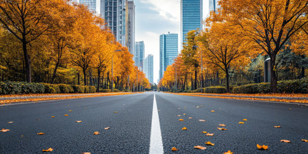 A picturesque and tranquil autumn scene unfolds along a deserted road, gracefully flanked by trees, each adorned in their vibrant shades of orange leaves, showcasing a beautiful urban landscapeの素材