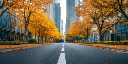 In a tranquil autumn landscape, a quiet deserted road is beautifully adorned with bright, vibrant yellow trees, highlighting the stunning beauty of fallen leaves in this picturesque urban settingの素材