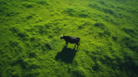 A breathtaking aerial perspective reveals a cow gracefully casting its shadow on a vibrant, lush green field, highlighting and emphasizing the serene tranquility of rural life in its natural settingの素材