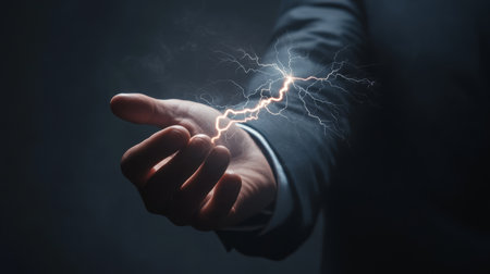 A determined businessman confidently holds a lightning bolt, symbolizing power, innovation, and energy, against a dark background representing modernity and cuttingedge technologyの素材