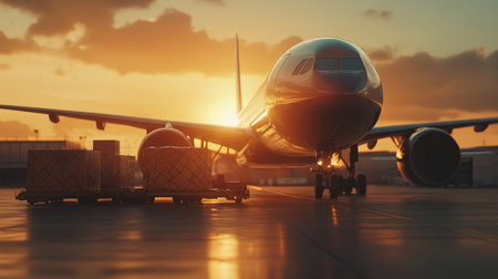 This view shows a large cargo aircraft on the runway at sunset, highlighting the beauty of aviation and the intricate details of air transport operations, including infrastructure and logisticsの素材
