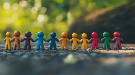 A playful arrangement of vibrant figures symbolizes teamwork, diversity, and community connection. Each figure embodies friendship and inclusion, showing how we can achieve more togetherの素材