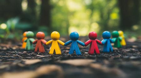 In a natural setting, diverse colorful figurines represent teamwork, inclusion, and community, highlighting the importance of collaboration and harmony among individuals and groupsの素材