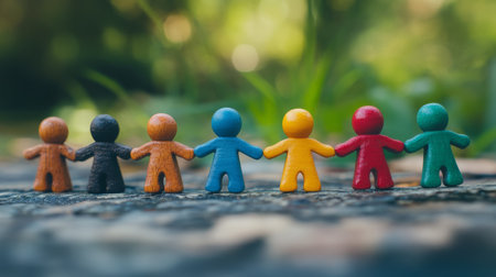 A vibrant and colorful lineup of figurines beautifully symbolizes invaluable teamwork, diversity in communities, and the essence of friendship, showcasing the importance of cooperation among peopleの素材