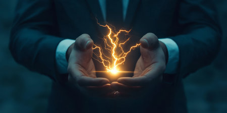 A determined businessman confidently holds a glowing electric bolt in his hands, symbolizing immense power, groundbreaking innovation, and boundless potential energy in our modern world todayの素材