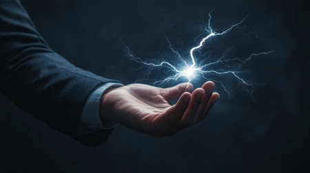 A determined businessman confidently holds a striking electric bolt, powerfully symbolizing the strength and innovative potential that exist within the everevolving corporate world todayの素材