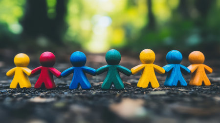 Colorful figures holding hands effectively symbolize the essence of teamwork, friendship, and solidarity that thrives within a vibrant, diverse, and inclusive community comprising different peopleの素材