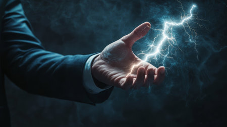 A businessman confidently manages a lightning bolt in his hand, vividly symbolizing the immense power, high energy, and innovative potential that exists in todays dynamic and rapidly changing worldの素材