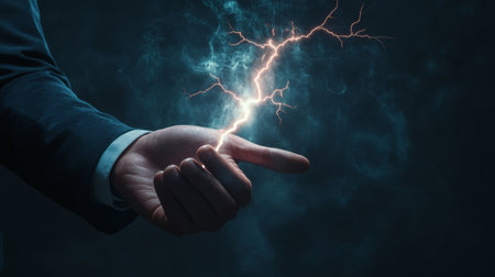 A businessman stands confidently, gripping a vivid lightning bolt that represents tremendous power and groundbreaking innovation, all set against an intense and dramatic dark backgroundの素材