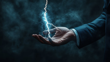 A confident businessman holds a lightning bolt symbolizing energy, innovation, and strength, set against a stormy sky that conveys intensity, creativity, dynamism, and possibilityの素材