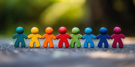 This artwork illustrates teamwork and inclusion with colorful, interconnected figures symbolizing community and support, highlighting the importance of collaboration among diverse individualsの素材