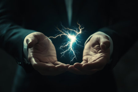 In a striking visual, a businessman confidently holds a vivid bolt of electricity in his hands, an emblem of the power, potential, and innovative spirit that drives success in the corporate worldの素材